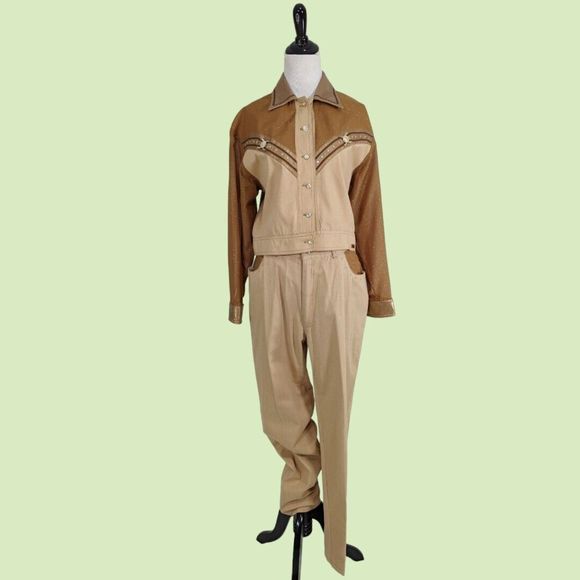 Cache Vintage Embellished Jacket‎ Pants Women's S Brown Studded Western - Picture 1 of 9